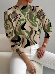 Women's Colorblock Knit Sweater, Stand Collar Print Design, Casual Elegant Commute Wear, Perfect for Spring Fall Winter Seasons, Knitwear