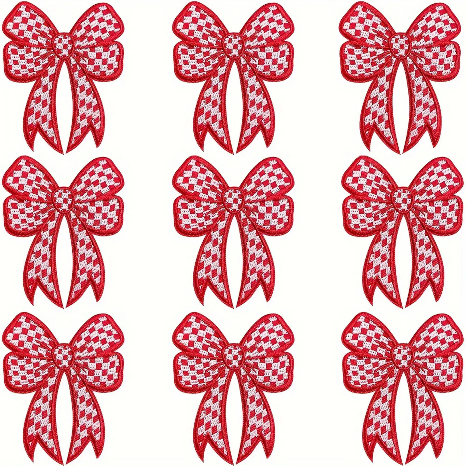 9Pcs Red Racing Bow Sewing Patches - Cute Checkerboard Embroidery Appliques with Trendy & Vintage Designs, Iron-On DIY Decals for Jeans, Jackets, Backpacks