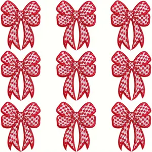 9Pcs Red Racing Bow Iron-On Patches Cute Checkerboard Embroidery Appliques DIY Decals Fashion Accessories for Jeans Jackets Hats Clothing Backpacks