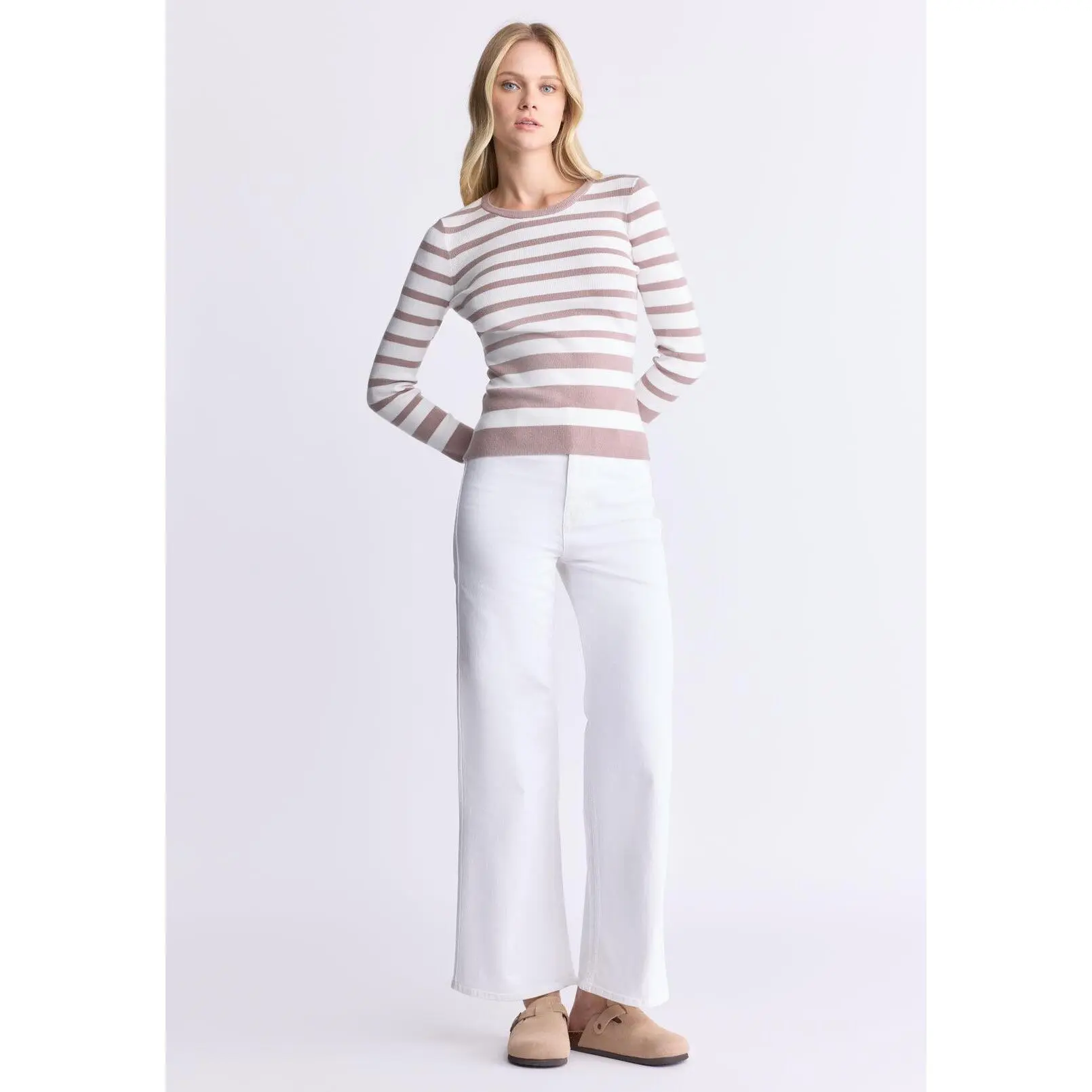 Scotlyn Women's Fitted Striped Sweater, Tan - SW0103H