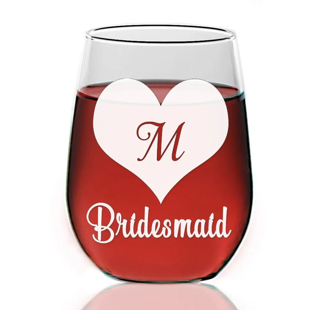 Bridesmaid Monogram Heart Stemless Wine Glass Gift Personalized, Bridesmaid Stemless Wine Glasses, Bridal Party Gift, Bride glass