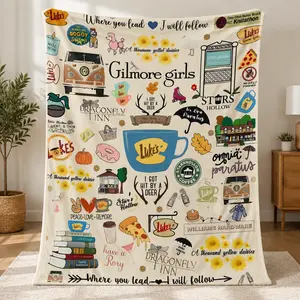 Gilmore Girls Flannel Blanket – Soft Cozy Plush Throw with Stars Hollow & Luke's Coffee Designs, Cute Cartoon Inspired Blanket for Fans, Perfect for Bed, Sofa, Travel, or Nap Time, Unique Gift for Girls, Teens & TV Show Lovers