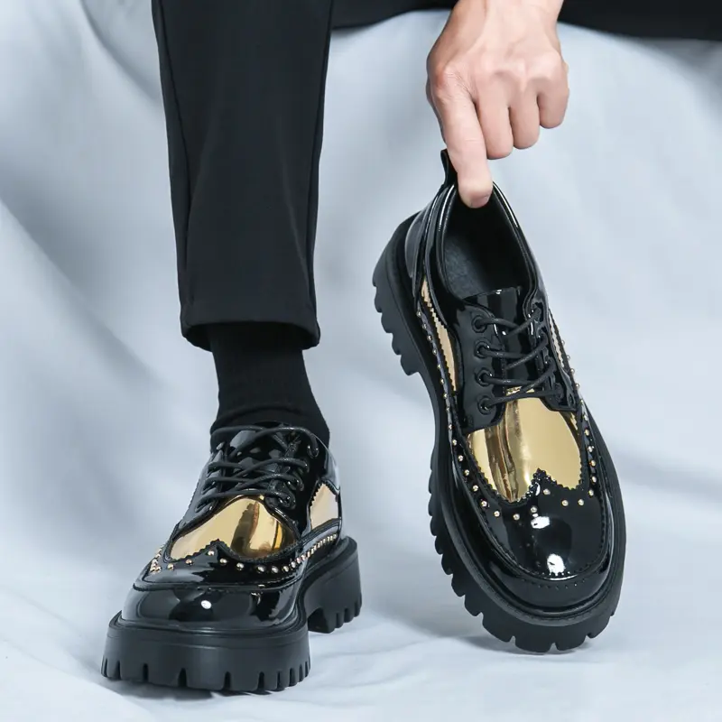 Men's Chunky Patent Leather Platform Oxford Loafers - Classic Round Toe, Thick Lug Sole, Lace-Up, Comfort Block Heel, Business Casual Footwear, Black & White Pattern, Closed, Stud, Chunky Sole, Business Wear, Retro Chic, All Seasons, Black & White Patent,