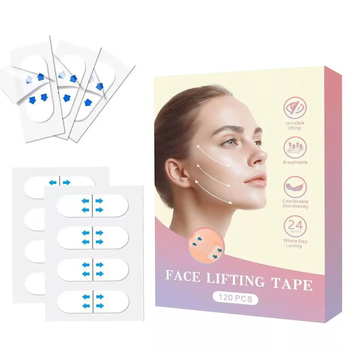 120PCS Invisible Instant Face Lift Tape, 24H Breathable Waterproof Facial Lifting Patches for V-Shape Jawline, Double Chin & Sagging Skin, Non-Surgical Makeup Face Slim Stickers