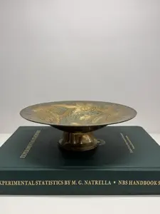 Brass Pedestal Bowl - 7.5" x 2.25" Hand-Etched with Golden Florals, Weathered Patina, Versatile for Catchall, Sculptural Accent, or Art Piece