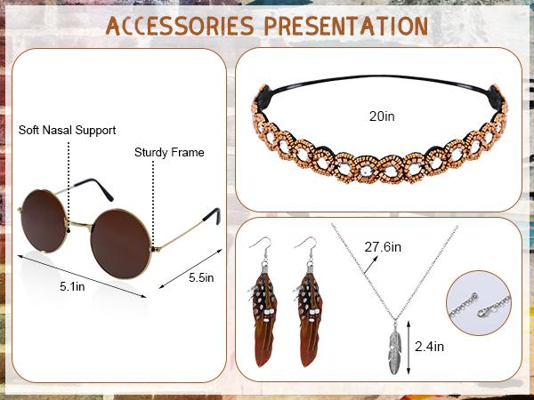 Women's Vintage 60s-70s Polyester Hippie Costume Set - Retro Fringe Vest Cowgirl Outfit with Flower-Crystal Headband, Sunglasses, Earrings, Necklace for Halloween Fancy Dress Cosplay