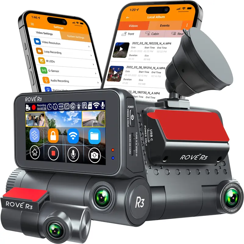 ROVE R3 - 3 Channel Touchscreen Dash Cam Front, Inside and Rear 1440P+1080P+1080P Built-in 5G Wi-Fi, GPS Dashboard Camera for Car, Truck, Semi Truck, Mini Bus, SUVs with Super Night Vision Technology, Parking Mode, WDR, Supports 512GB Max