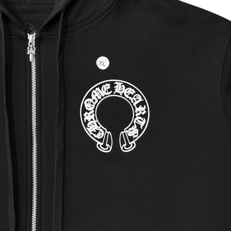Chrome Hearts Horseshoe Floral Logo Zip Up Hooded Sweatshirt Black White (Thermal Lined)