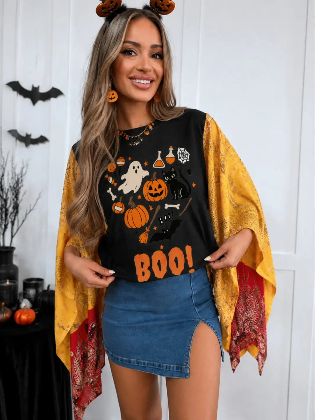 Halloween Batwing Sleeve Blouse for Women Pumpkin Ghost Graphic Loose Poncho Top Casual Oversized Boho Cape Shirt Fall Festival Outfit