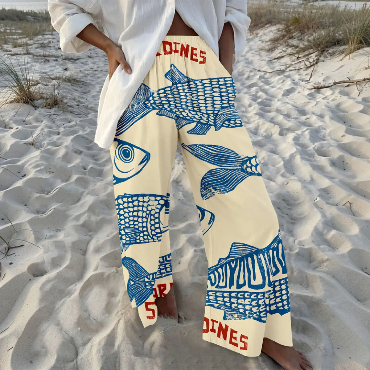 Women's Retro Nautical-Style Sardine Print Wide-Leg Pants with Contrasting Painted Loose and Comfortable, They Exude a Literary and Vacation Vibe, Easily Creating a Casual Summer Look beach vibe pants #Spring Bottom Girls pants