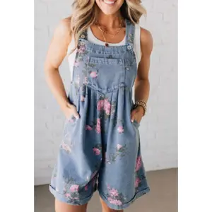 Floral Print Denim Shorts Overalls