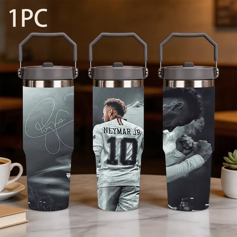 30oz portable thermos cup, Insulated Travel Drinkware, Insulation Drinkware, with Neymar's back and collage, light grey background with white cursive signature, matte stainless steel sports cup with sealed lid and foldable handle