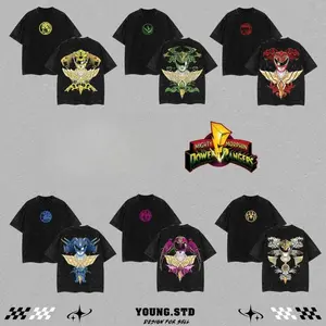 Power Rangers Vintage Washed Oversized Tee Collection - Mighty Morphin Retro Hero Graphic | Black, Blue, Pink, Red, White & Green Ranger Streetwear | Unisex Heavyweight Cotton Shirt