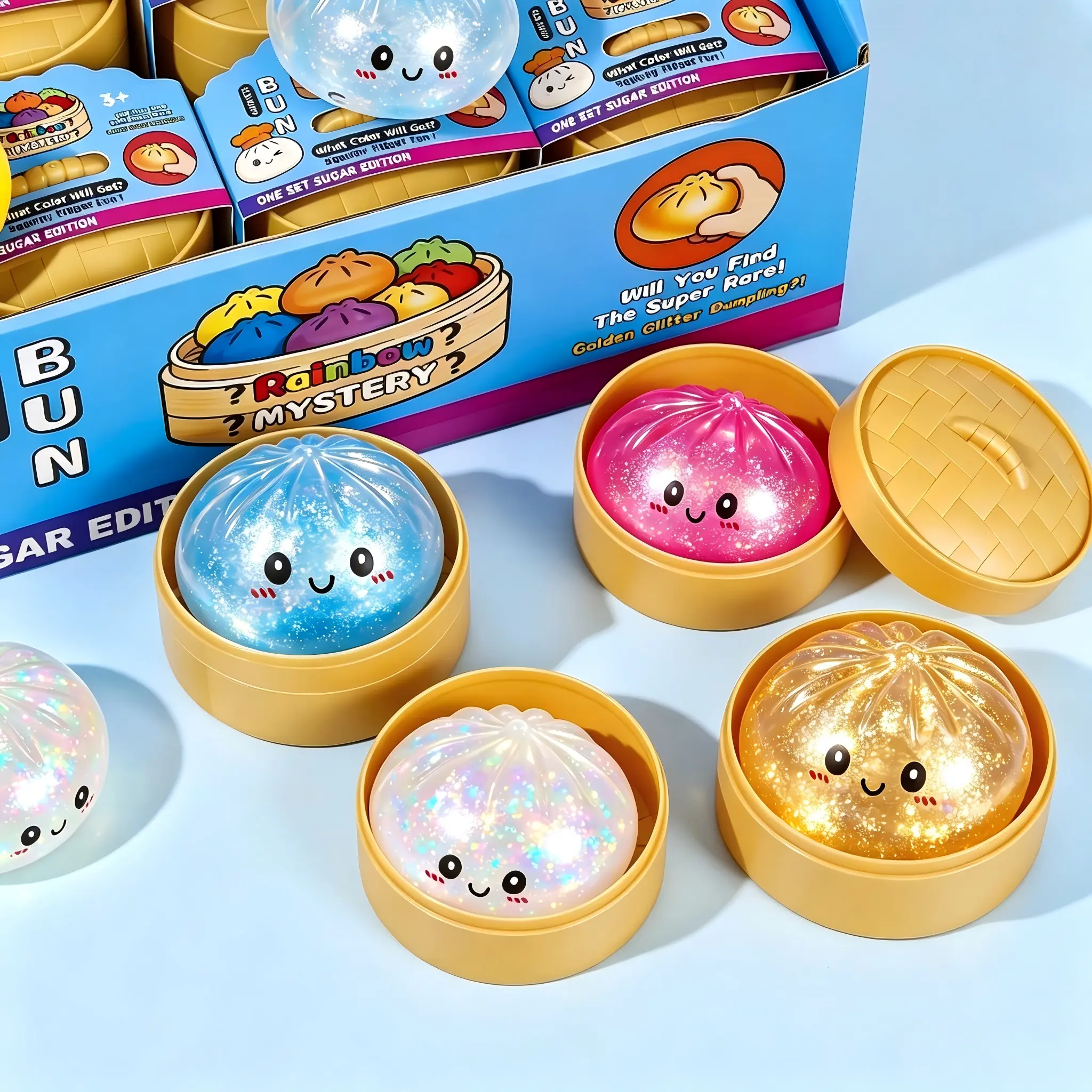 Rainbow Glitter Squishy Bun Fidget, Soft Transparent Dumpling Stress, Cute Sensory Anxiety Relief for Adults Office Desk Decor
