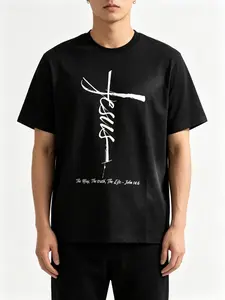 Jesus Cross Script The Way The Truth The Life John 14:6 Minimalist Christian Graphic Oversized T-Shirt, Vintage Brushstroke Faith Unisex Black Cotton Tee, Simple Bible Verse Spiritual Top