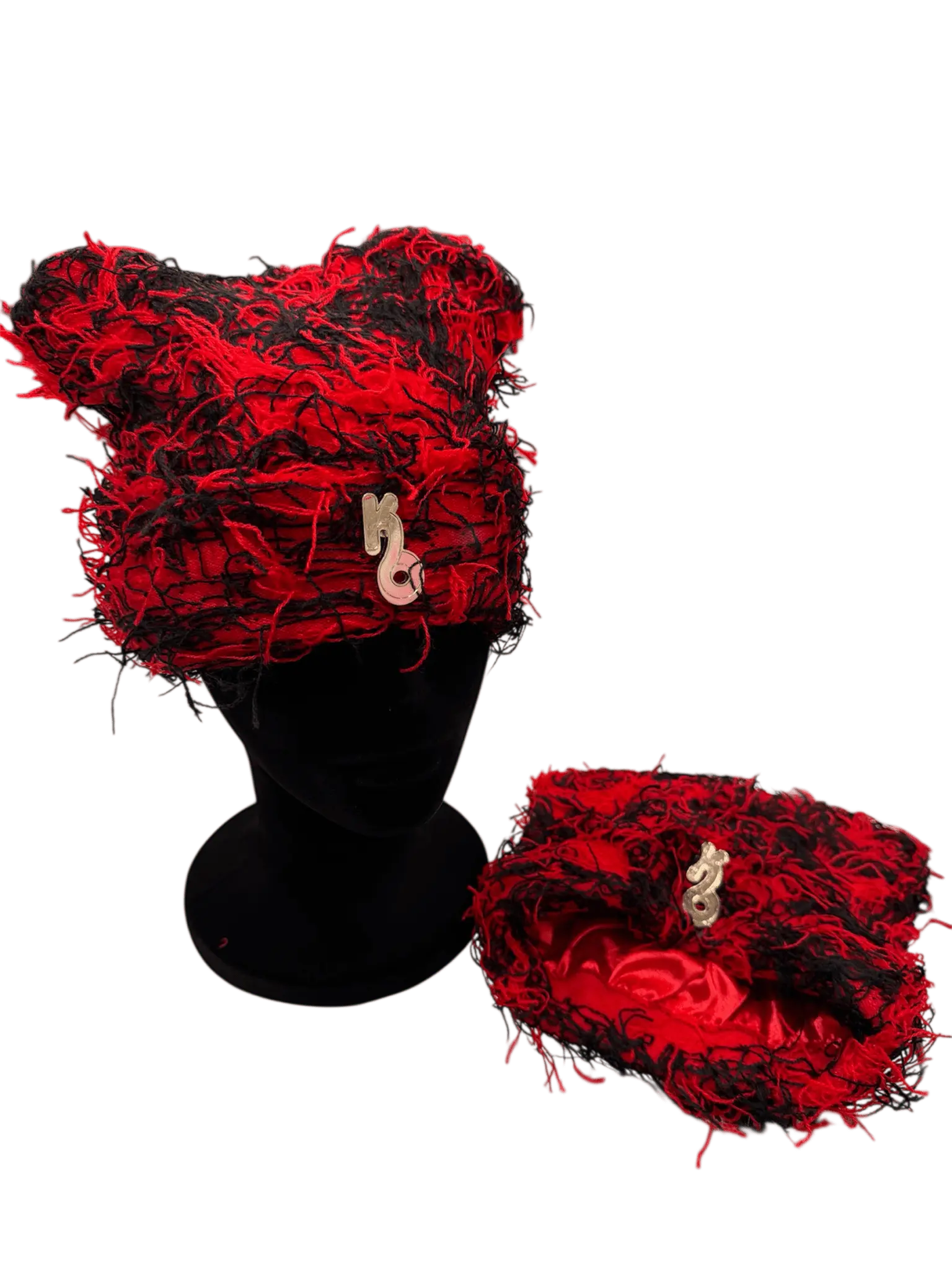 Red and Black Boxed Distressed Beanie - Satin Lined