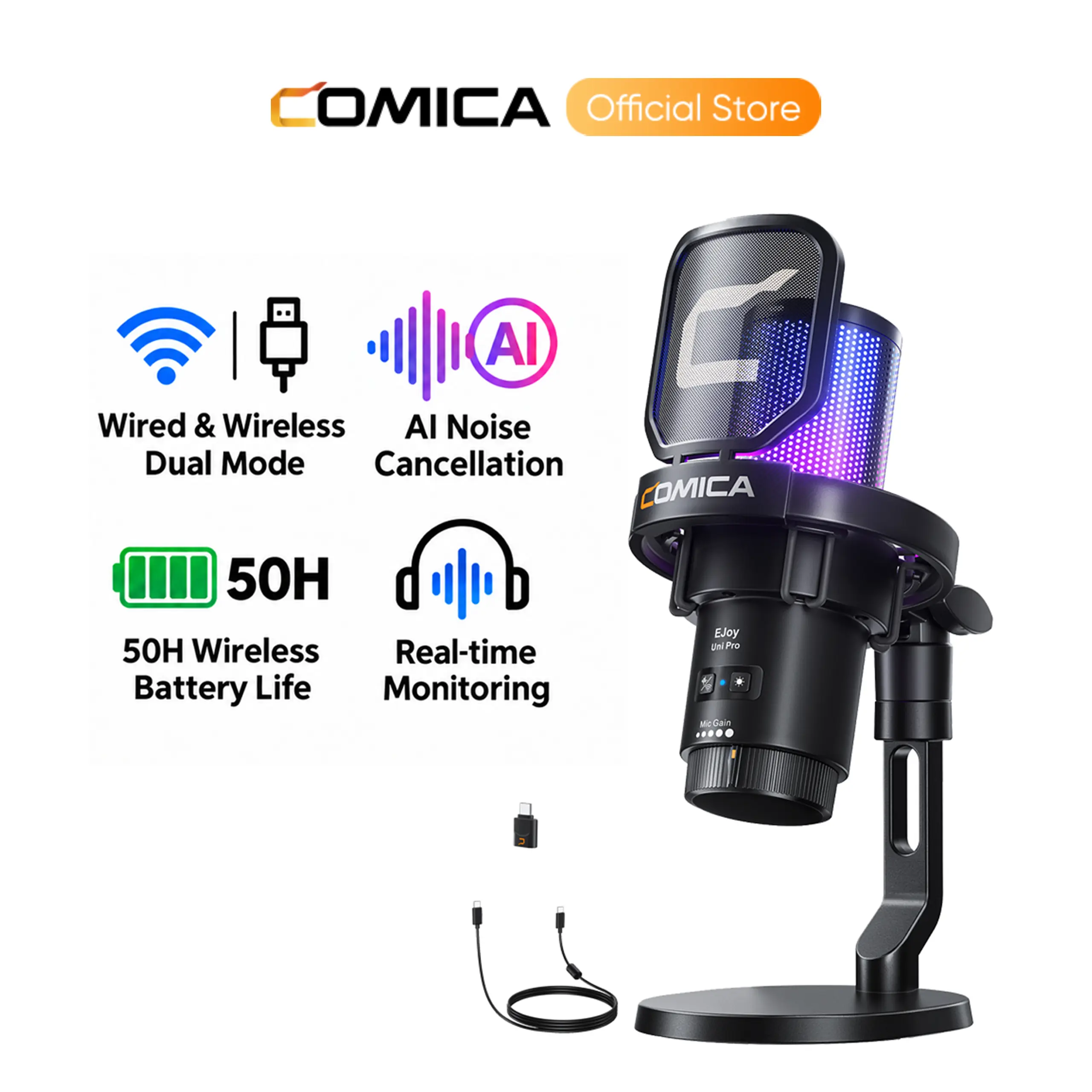 COMICA EJoy Uni/EJoy Uni Pro Wireless Condenser Mic - 1-Key Mute, Noise Canceling, RGB Lights, 3.5mm, USB Desk Mic for PC, Smartphone, Camera, PC Accessories for Streaming, Podcasting
