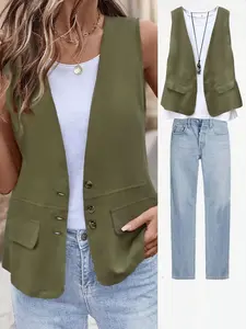 A women's olive green sleeveless single-breasted vest with a faux pocket design, suitable for summer, suitable for daily street wear and home wear, V neck Plain Color Waistcoat