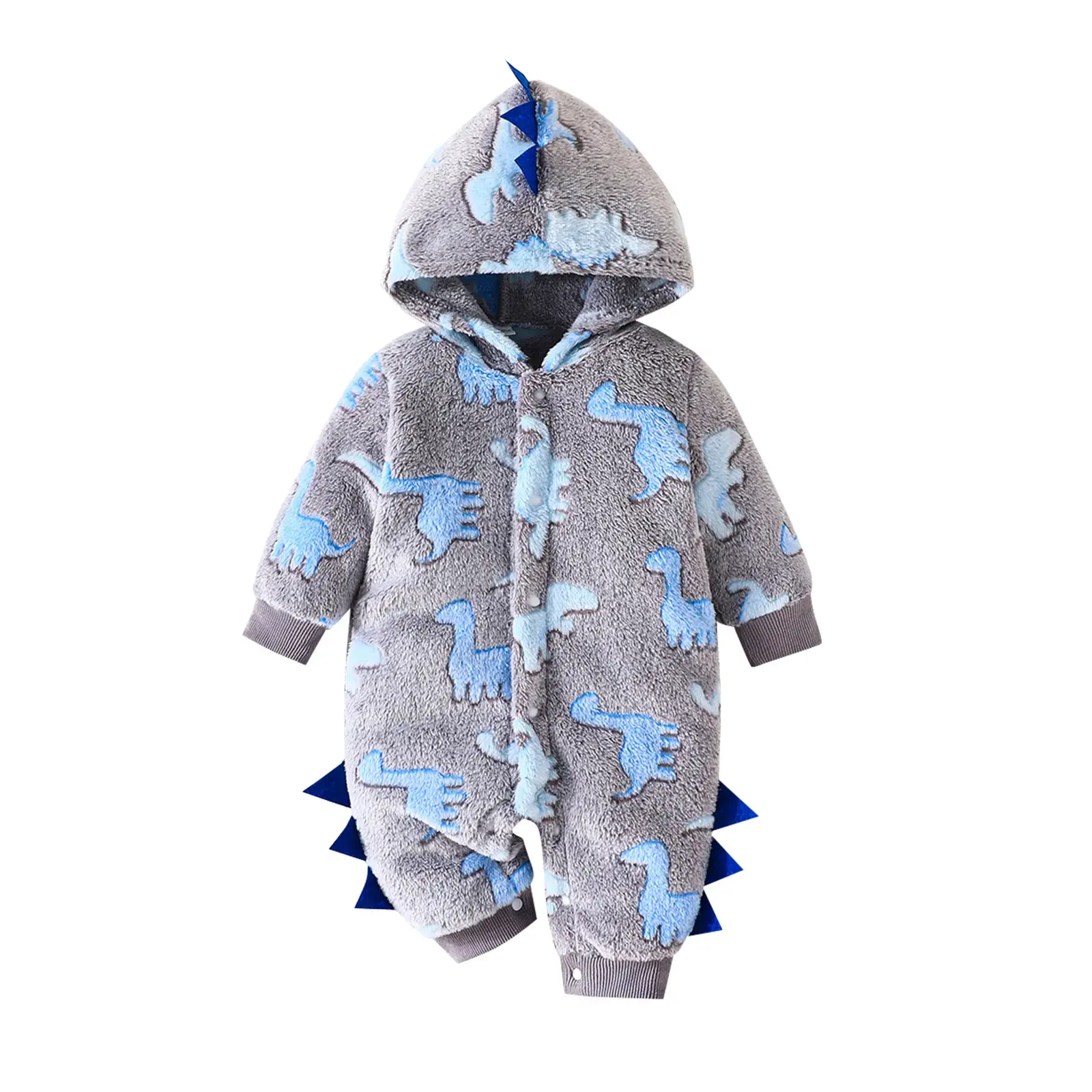 Baby Boy Dinosaur Fleece Hooded Jumpsuit, Cute 3D Dino Spikes Fuzzy Warm Onesie, Zip‑Up Snap Closure Winter Romper Outfit for Newborn Infant