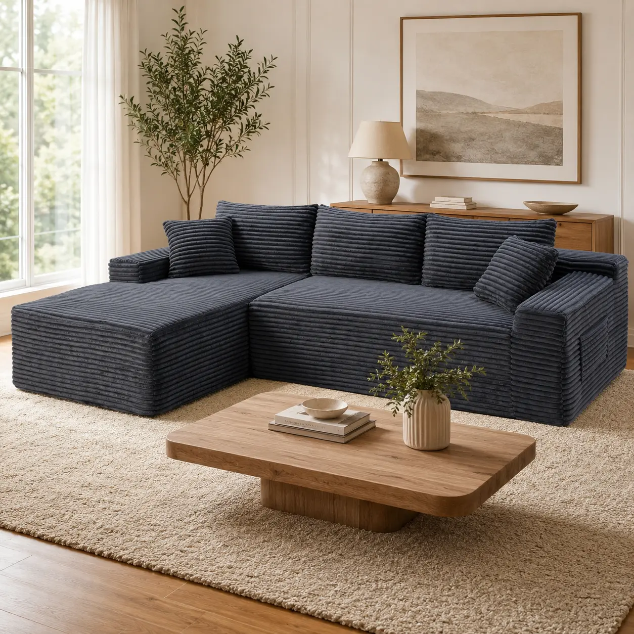 No-Assembly L-Shape Sectional with Right Chaise, Corduroy Modular Couch, Large Corner Sofa for Living Room or Bedroom