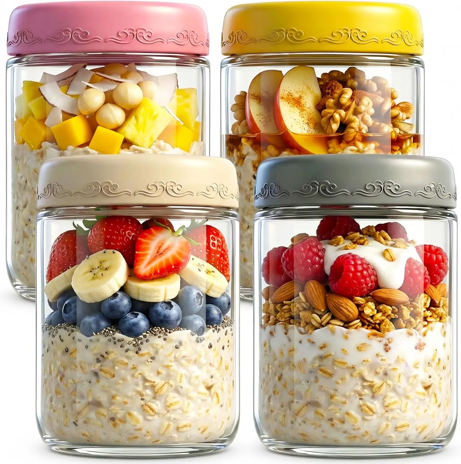 16oz Thick Glass Mason Jars (4-Pack) - Airtight Anti-Leak Silicone Lid Containers, Microwave-Reheatable Kitchen Preserving Jars for All Ages, Meal Prep, Portion Control, Mason Jar, Cloud