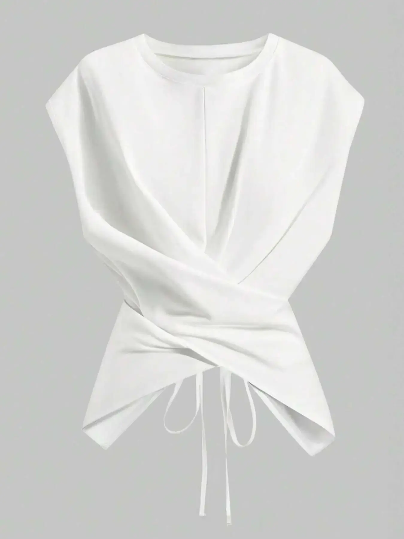 Women's Knitted Fabric Round-Neck Drop-Shoulder T-Shirt, Chic Casual Asymmetrical Crisscross Back-Tie Top, for Spring & Fall Wear Knitwear
