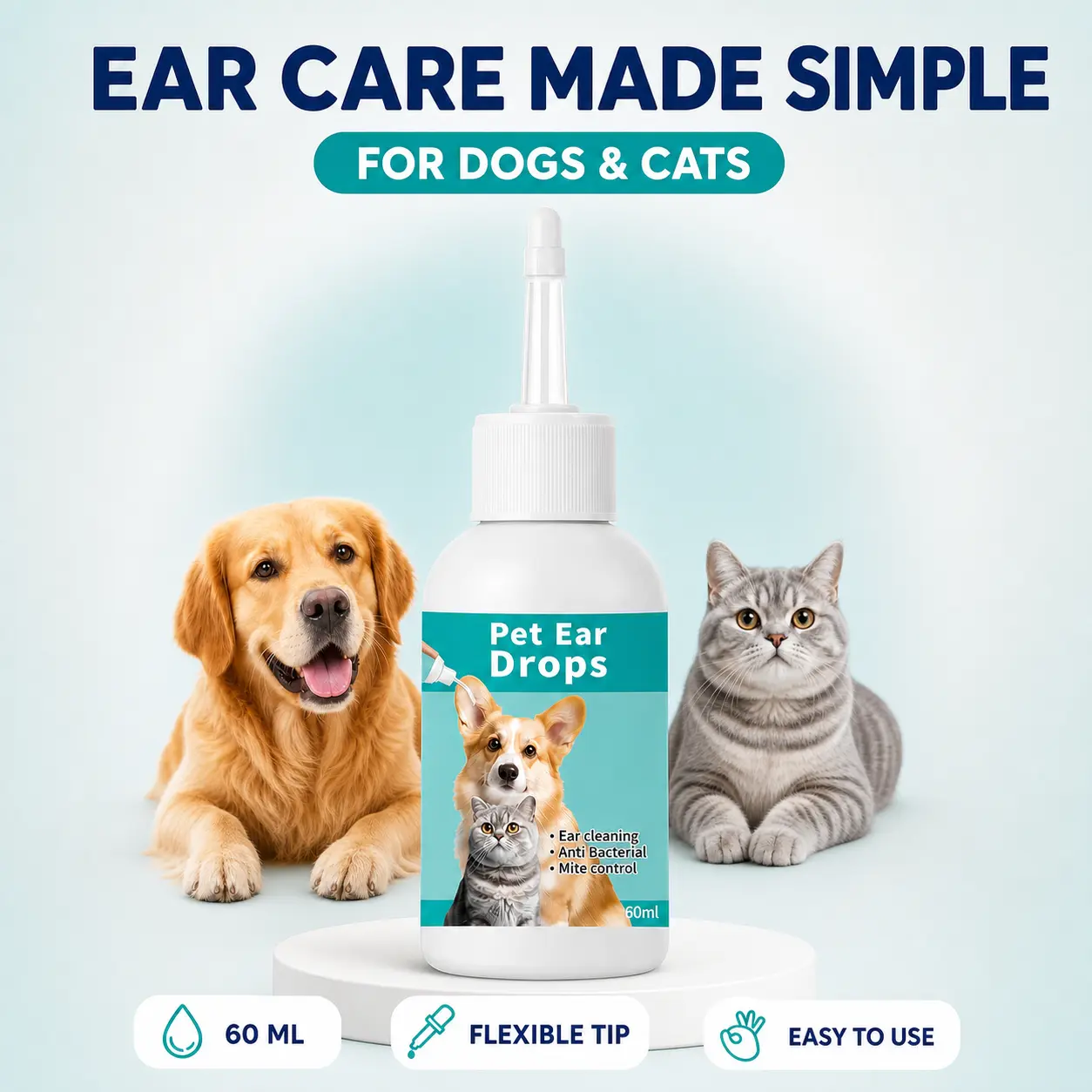 Dog Ear Cleaner for Dogs & Cats, 60 mL Pet Ear Wash Solution with Soft Applicator Tip for Routine Ear Hygiene, Dirt & Debris Removal