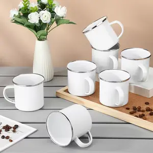 6-12pcs Enamel Mug White Camping Coffee Mug with Handle Silvery Rim Portable Drinking Cup Metal Round Camp Enamel Cup for Tea And Hot Chocolate Christmas (16oz), Best for Christmas