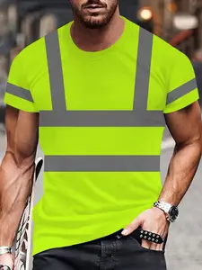Summer Men's Reflective Safety Shirt, Colorblock, Breathable Quick-Dry Short Sleeve, Outdoor Cycling Tee, Casual Fitted Top
