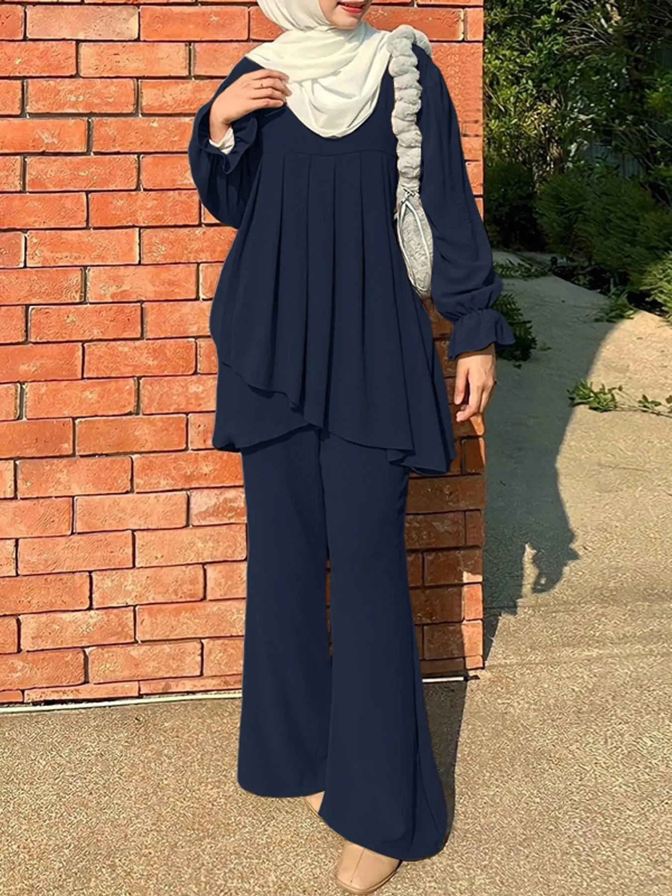Women's Casual Solid Color Two-Piece Set, Round Neck Long Sleeve Back-Button Blouse & High-Waist Straight-Leg Pants, Matching Co-ord Outfit
