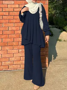 Women's Casual Solid Color Set, Two Piece Set Women, Round Neck Long Sleeve Tunic Blouse with Back Button and High Waist Straight Leg Pants, All Seasons