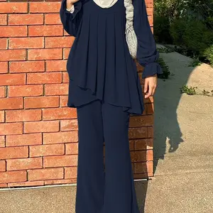 Women's Casual Solid Color Set, Two Piece Set Women, Round Neck Long Sleeve Blouse with Back Button and High Waist Straight Leg Pants, All Seasons