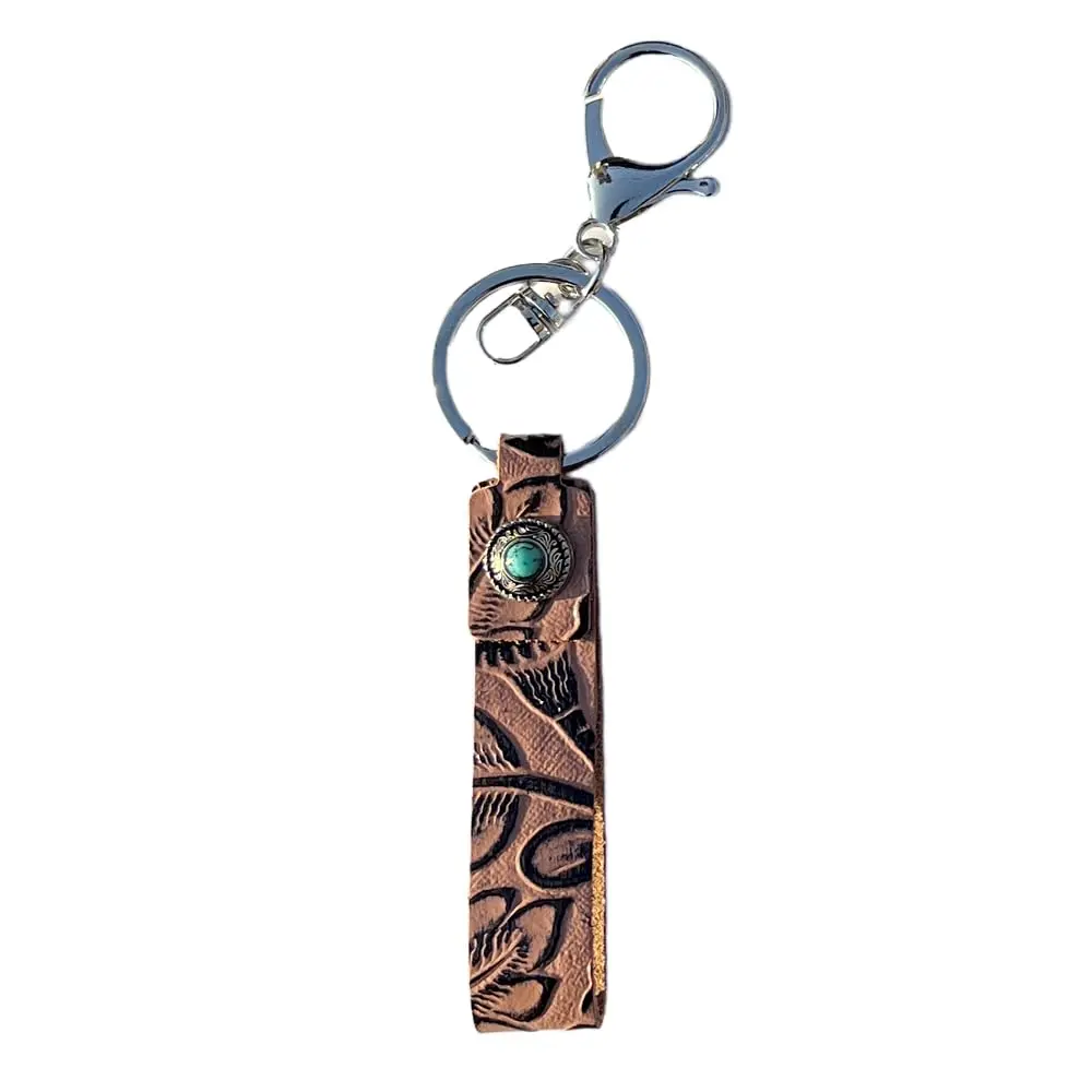Vintage Embossed Cowhide Keychain Western Turquoise Pumpkin Flower Pendant Textured Car Keyring For Unisex