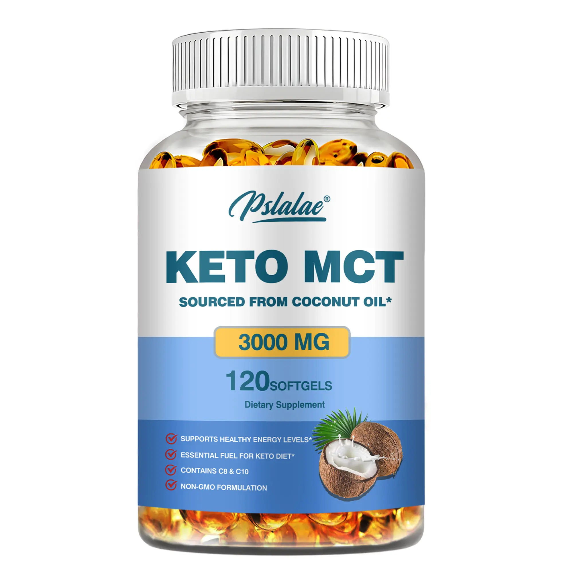 Pslalae Keto MCT Oil Capsules - 3000 mg Natural Pure Coconut Oil, Supports Nutrient Absorption, Gut Health, Immune Function & Healthcare - 60-Day Supply