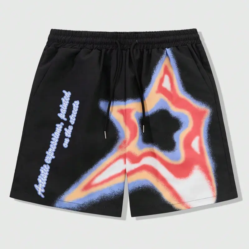 Men's Regular Fit Star Print Pocket Beach Shorts, Casual Comfy Elastic Waist Graphic Print Shorts for Summer, Men's Bottoms for Daily Wear, Everyday Shorts, Cartoon Graphic Shorts, Summer Fashion Shorts