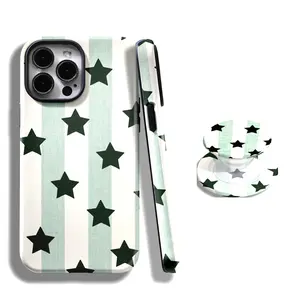 Mint Star Stripes Case, Retro Preppy Aesthetic Cover with iPhone 17 16 15 14 13 12 11 Plus Pro Max MagSafe S25 S24 S23 S22 Plus and Ultra
