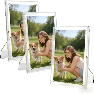 4x6 Acrylic Picture Frame 3 Pack, Clear Magnetic Photo Frames with Transparent Stand, Freestanding Desk Frames for Home Office Decor, Vertical & Horizontal Display for Photos, Small Art & Gifts