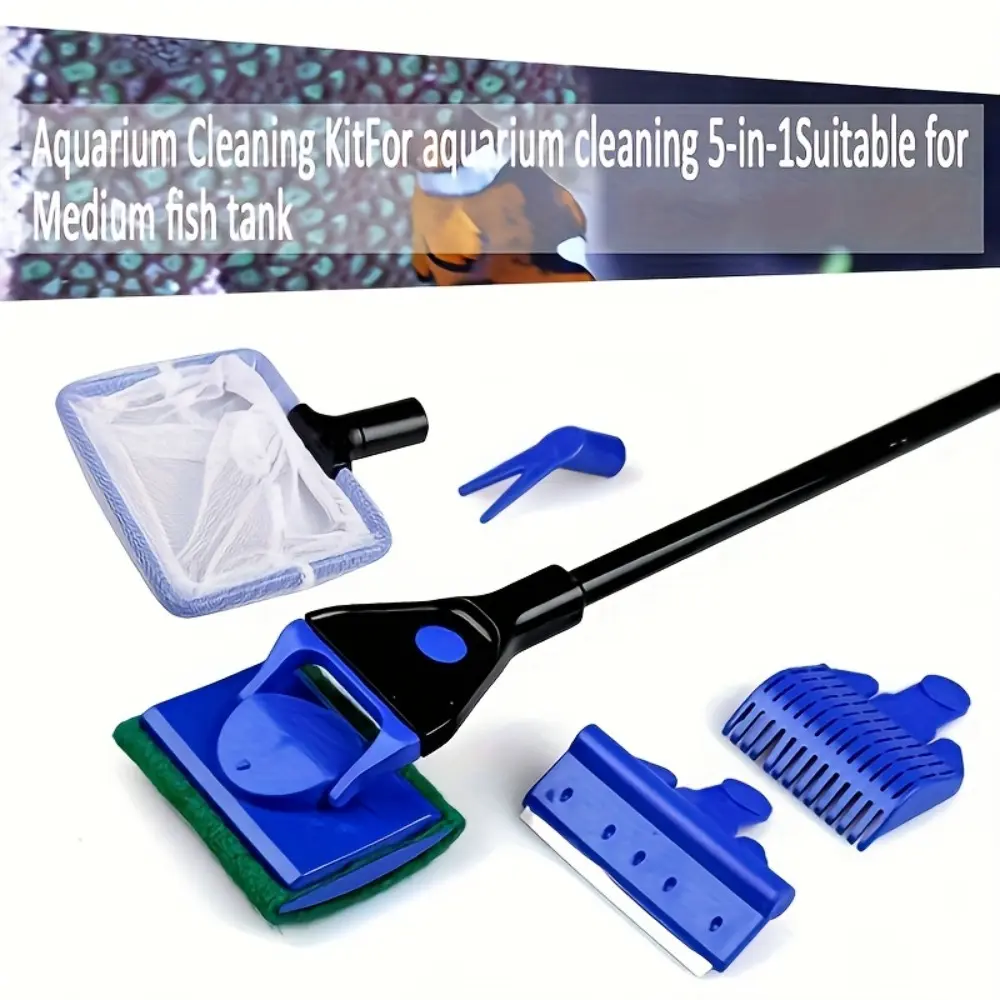 5-in-1 fish tank cleaning tool, Cleaner, Removal, aquarium cleaning kit, fish net, gravel rake, algae scraper, fork, sponge brush, glass cleaning tool, suitable for cleaning algae in fish tanks