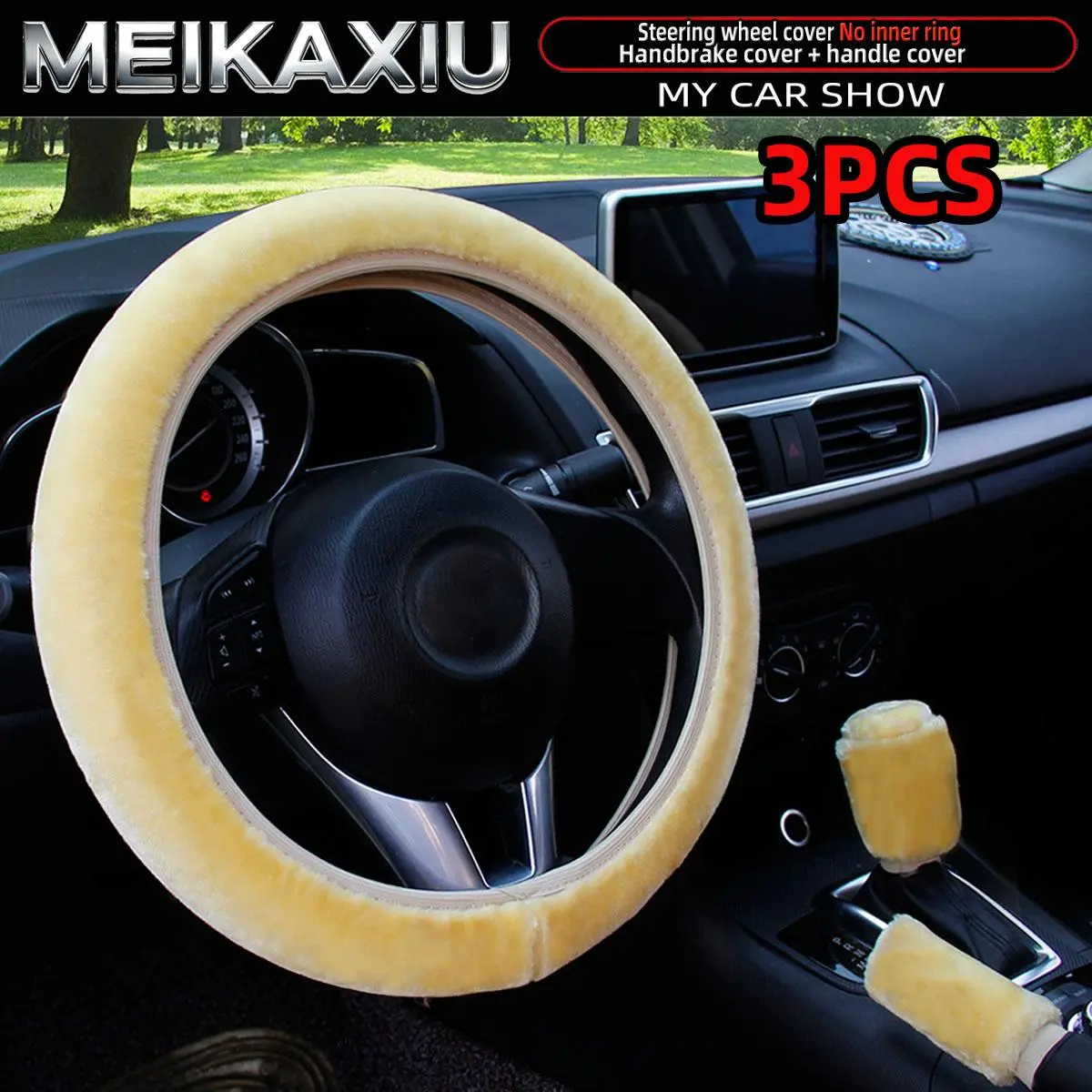 3PCS Winter Warm Plush Car Steering Wheel And Handbrake Gearshift Cover Set Non-Ring Black Pink Women's Stylish Auto Accessories