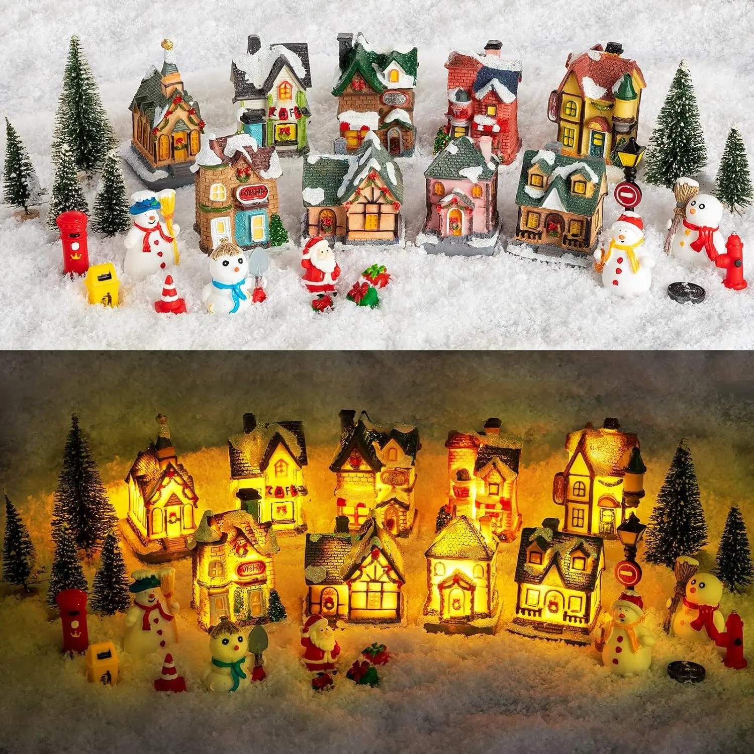 30 Pcs Christmas Village Sets Light Up Christmas Town LED Tiny Resin Village Figurines Collection Display Xmas Table Decor Ornaments