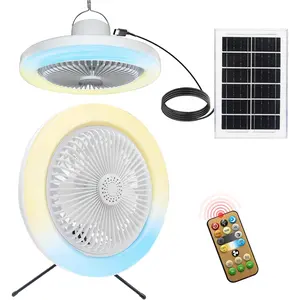 Solar Ceiling Fan Light with Remote Control, 5400mAh Portable Rechargeable Fan with Hook, Supports 1/2/4 Hours Timing 3 Speeds for Patios, Canopy, Shed, RV, Porch and Chicken Coop