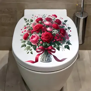 Beautiful Rose Bouquet Vase Toilet Seat Sticker, Waterproof Oil-Resistant, Bathroom Door Wall Decal, Self-Adhesive Holiday Decoration, One-Time Use, Bathroom House Decor, Bathroom Decorations
