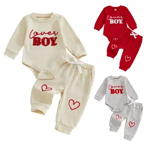 REDWOON Newborn Baby Boy Valentines Day Clothes Outfit  LOVER BOY Embroidery Waffle Knit Romper Pants Sets