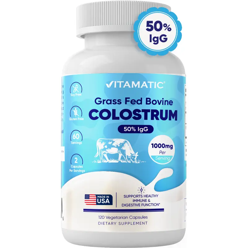 Vitamatic Gluten-Free GMO-Free Bovine Colostrum Powder Capsules - 1000 mg/Serving, 50% Highest IgG, Dietary Immune & Gut Support, Fitness Recovery, 120 Count, with Magnesium Supplement