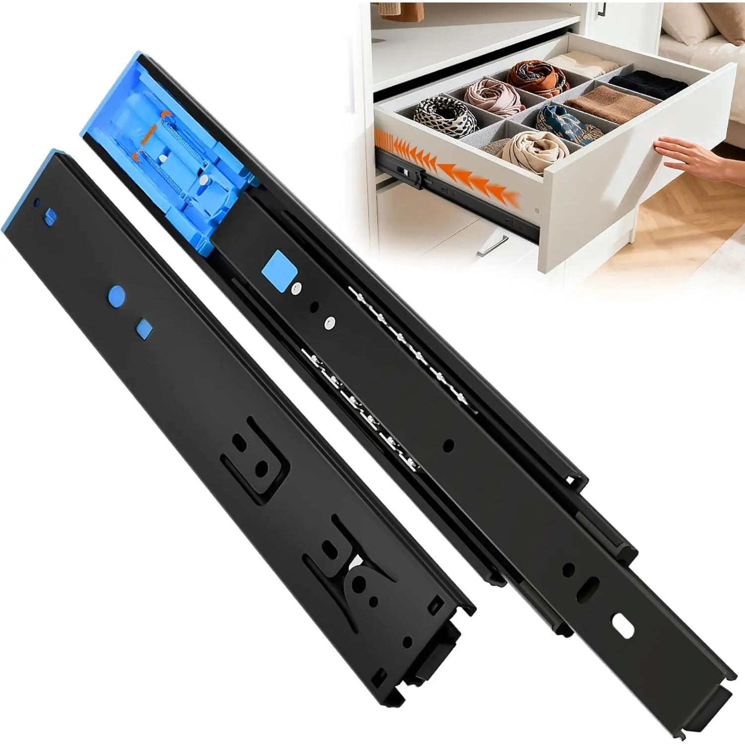 Push to Open Soft Close Drawer Slides 10 Inch Side Mount Dresser Runner Black, 2/3 Full Extension Ball Bearing 100 LB Kitchen Nightstand Glides Rails 1 Pair