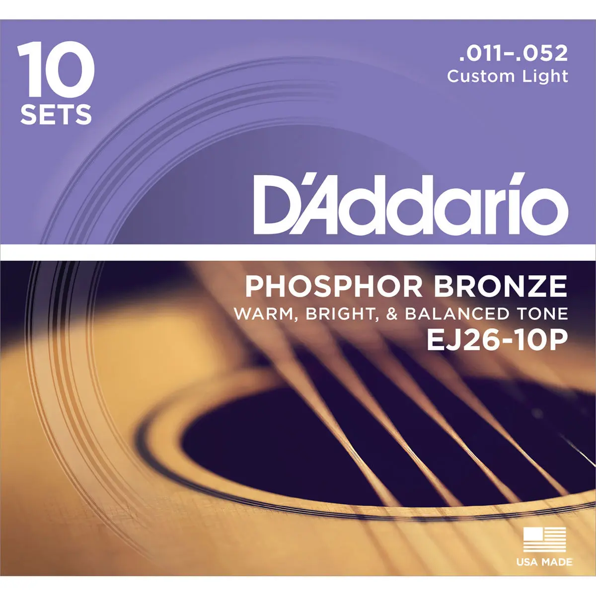 D'Addario EJ26 Phosphor Bronze Acoustic Guitar Strings Set, Custom Light, 11-52 Gauge, 10-Pack