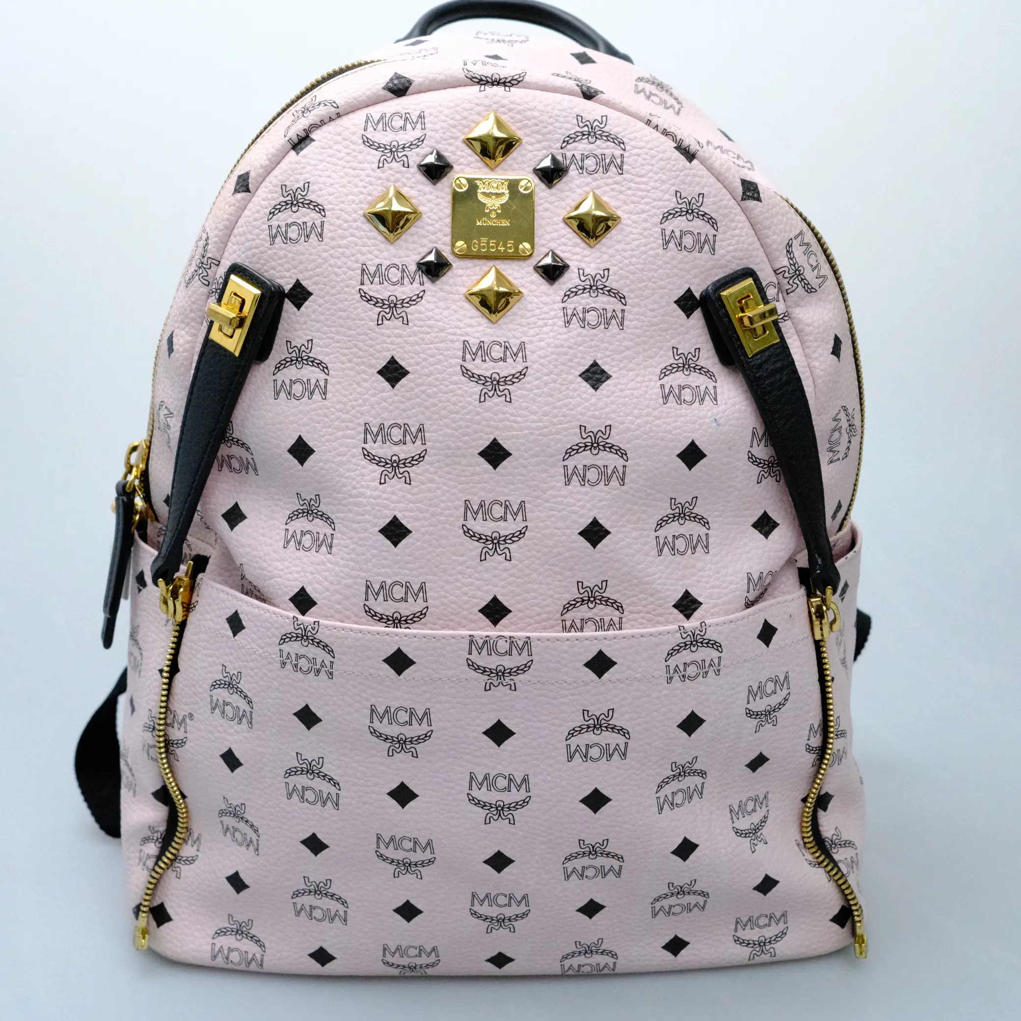 Pre-owned MCM Stark Medium Soft Pink Visetos Coated Canvas and Leather Backpack