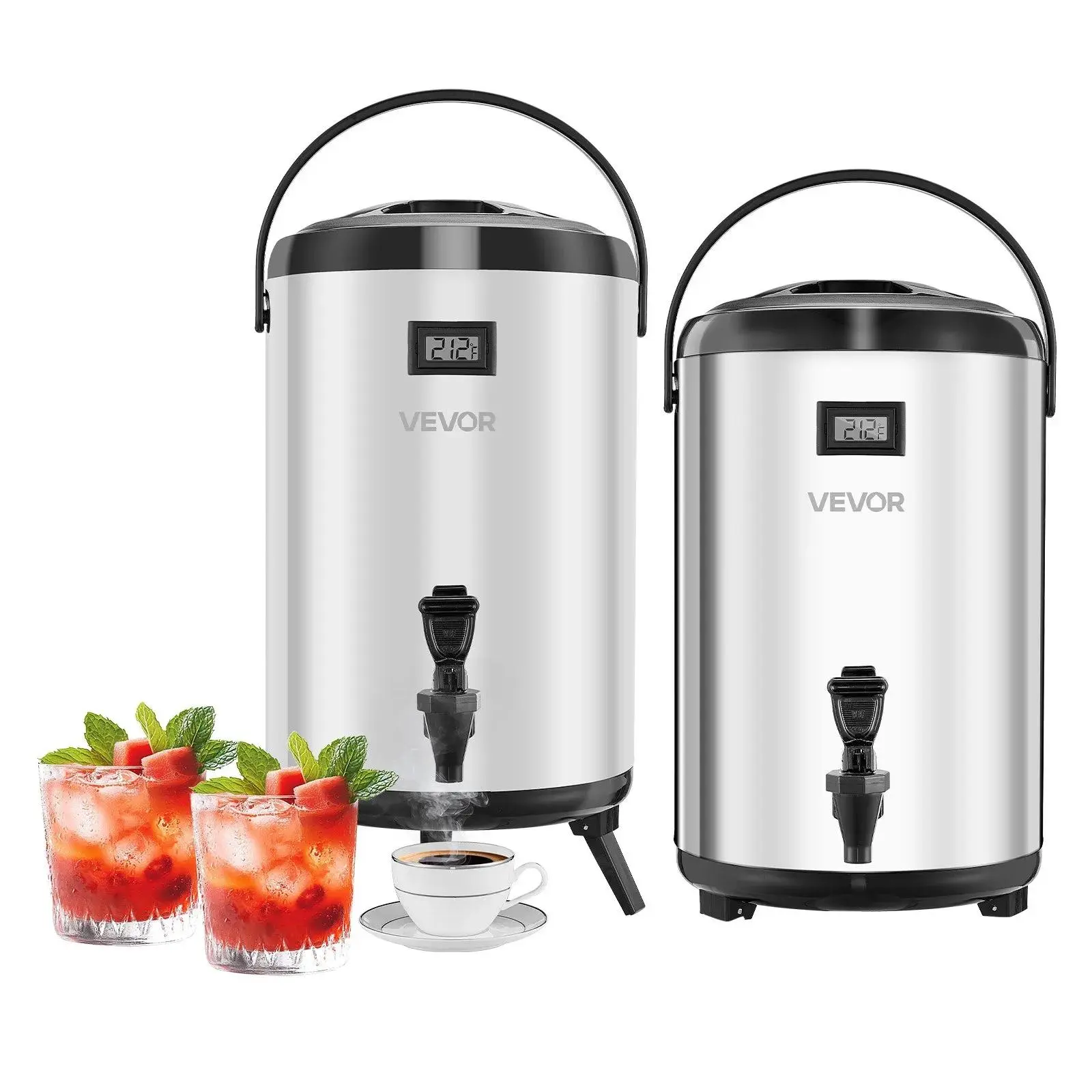 【Summerfinds】VEVOR Commercial Beverage Dispenser 2-Pack, 3.2 Gal/12L 304 Food-Grade Stainless Steel Thermal Server, Corrosion-Proof, Leak-Proof Sealing, Spigot, Temp Display, for Hot/Cold Water, Tea, Coffee in Cafes, Cafes & Restaurants
