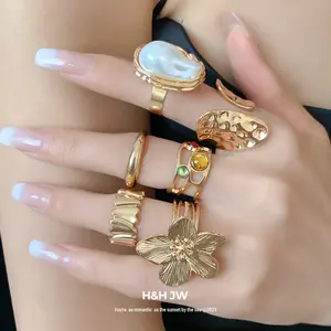 6-Pair Metal Wrinkled Flower Open Rings, Trendy Elegant Minimalist Luxury Hand Jewelry