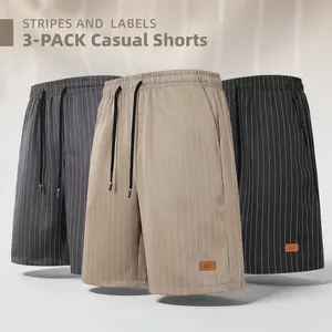 3-pack men’s casual shorts with vertical stripes, loose straight cut, drawstring elastic waistband, minimalist retro style, versatile for everyday commuting